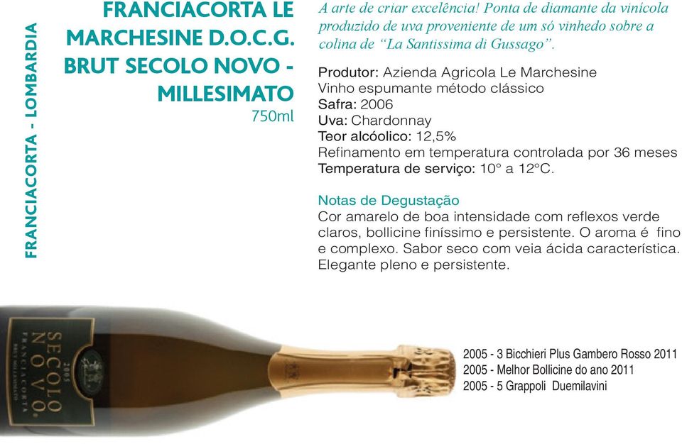 Produtor: Azienda Agricola Le Marchesine Vinho espumante método clássico Safra: 2006 Uva: Chardonnay Teor alcóolico: 12,5% Refinamento em temperatura controlada por 36 meses Temperatura