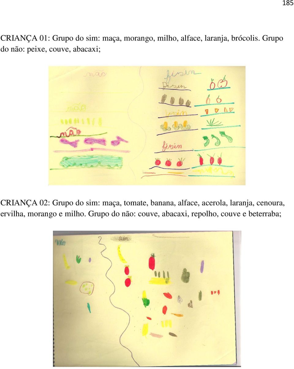 Grupo do não: peixe, couve, abacaxi; CRIANÇA 02: Grupo do sim: maça,