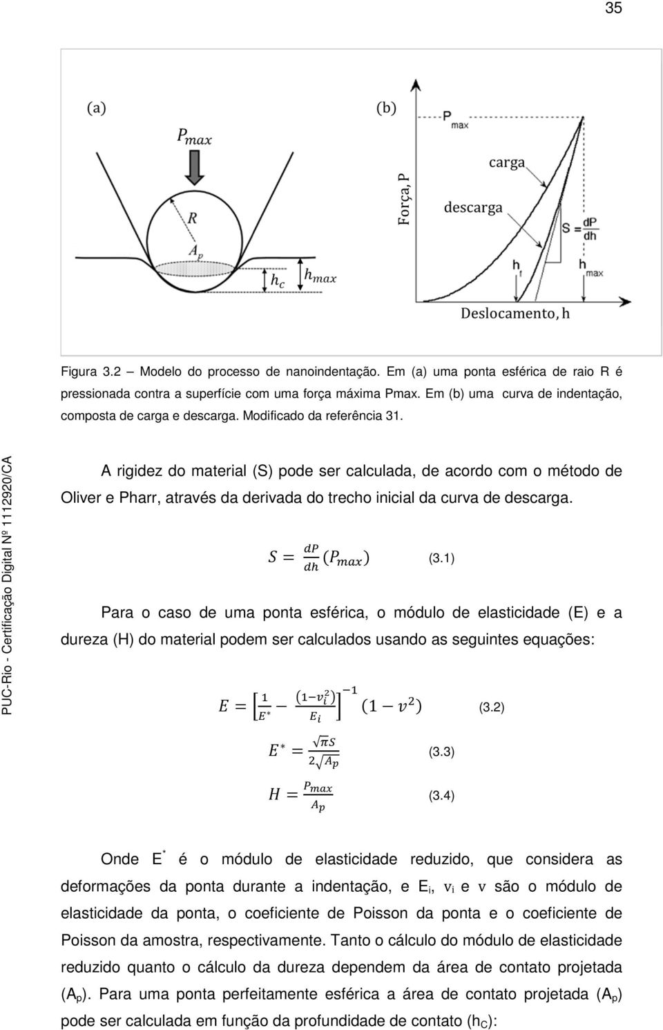 A rigidez do material (S) pode ser calculada, de acordo com o método de Oliver e Pharr, através da derivada do trecho inicial da curva de descarga. (3.