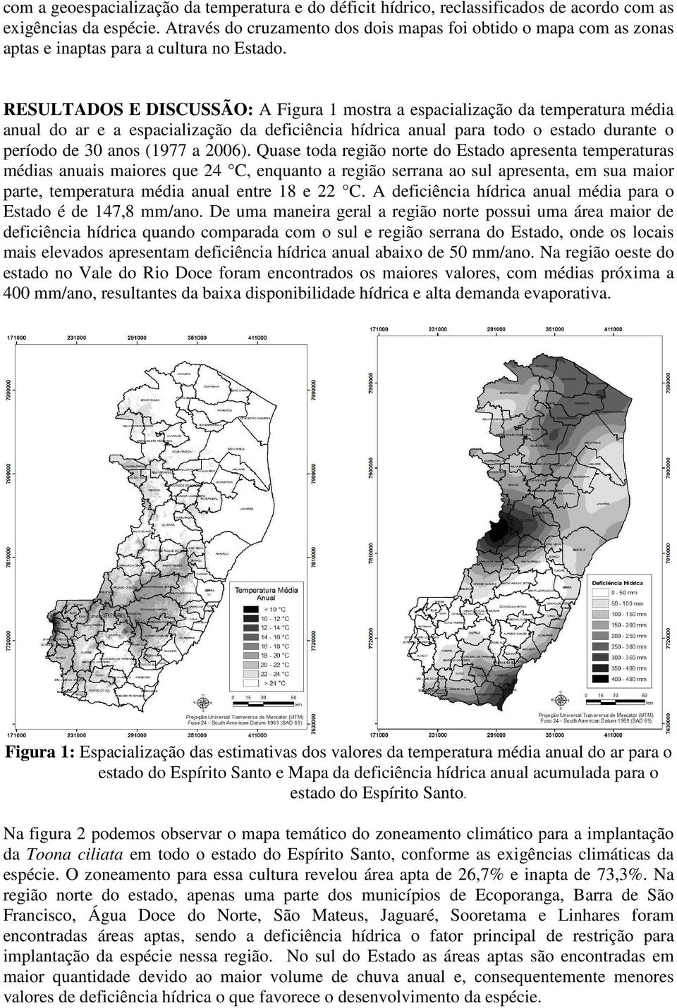 RESULTADOS E DISCUSSÃO: A Figura 1 mostra a espacialização da temperatura média anual do ar e a espacialização da deficiência hídrica anual para todo o estado durante o período de 30 anos (1977 a