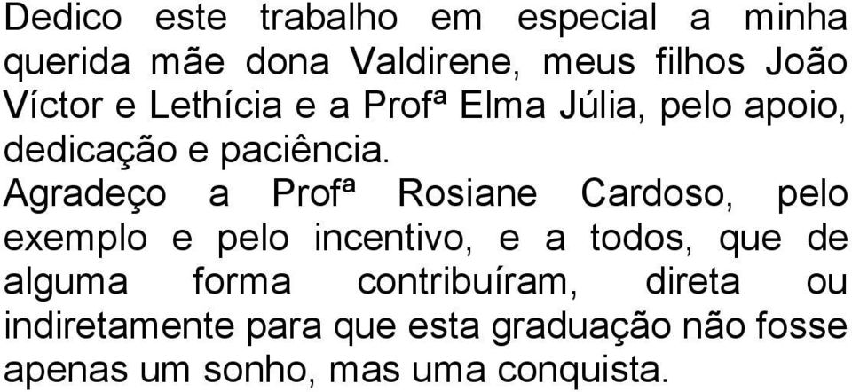 Agradeço a Profª Rosiane Cardoso, pelo exemplo e pelo incentivo, e a todos, que de alguma