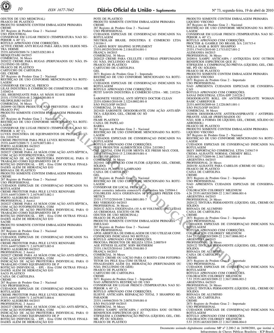 04/2015 COMERCIAL 36 Meses 2020222 PARA RUGAS (PERFUMA OU NÃO, IN- CLUINDO OS GÉIS) FRASCO DE PLASTICO CARTUCHO DE CARTOLINA GEL 287 Registro de Produto Grau 2 - Nacional RESTRIÇAO DE USO CONFORME