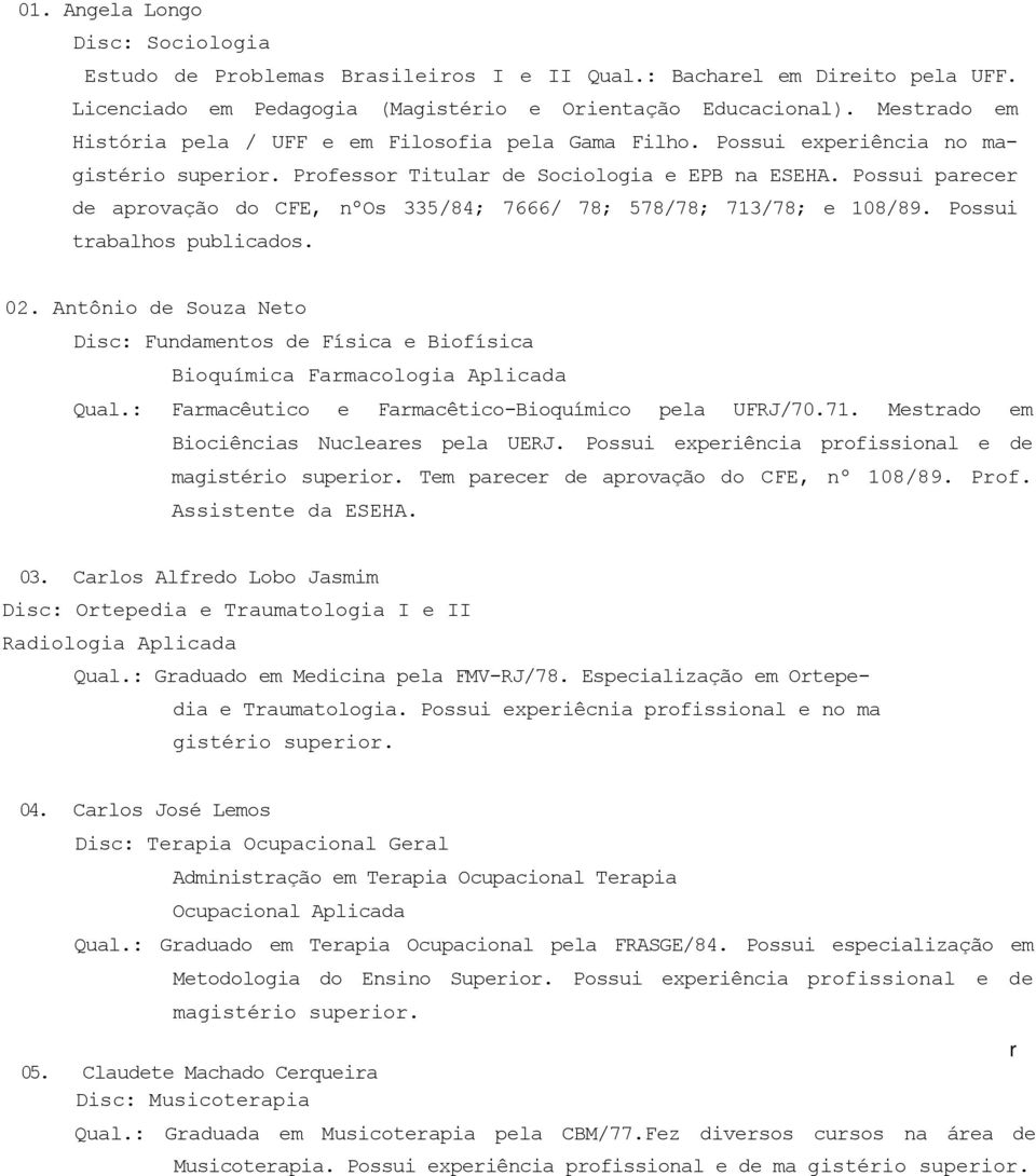 Possui parecer de aprovação do CFE, nºos 335/84; 7666/ 78; 578/78; 713/78; e 108/89. Possui trabalhos publicados. 02.