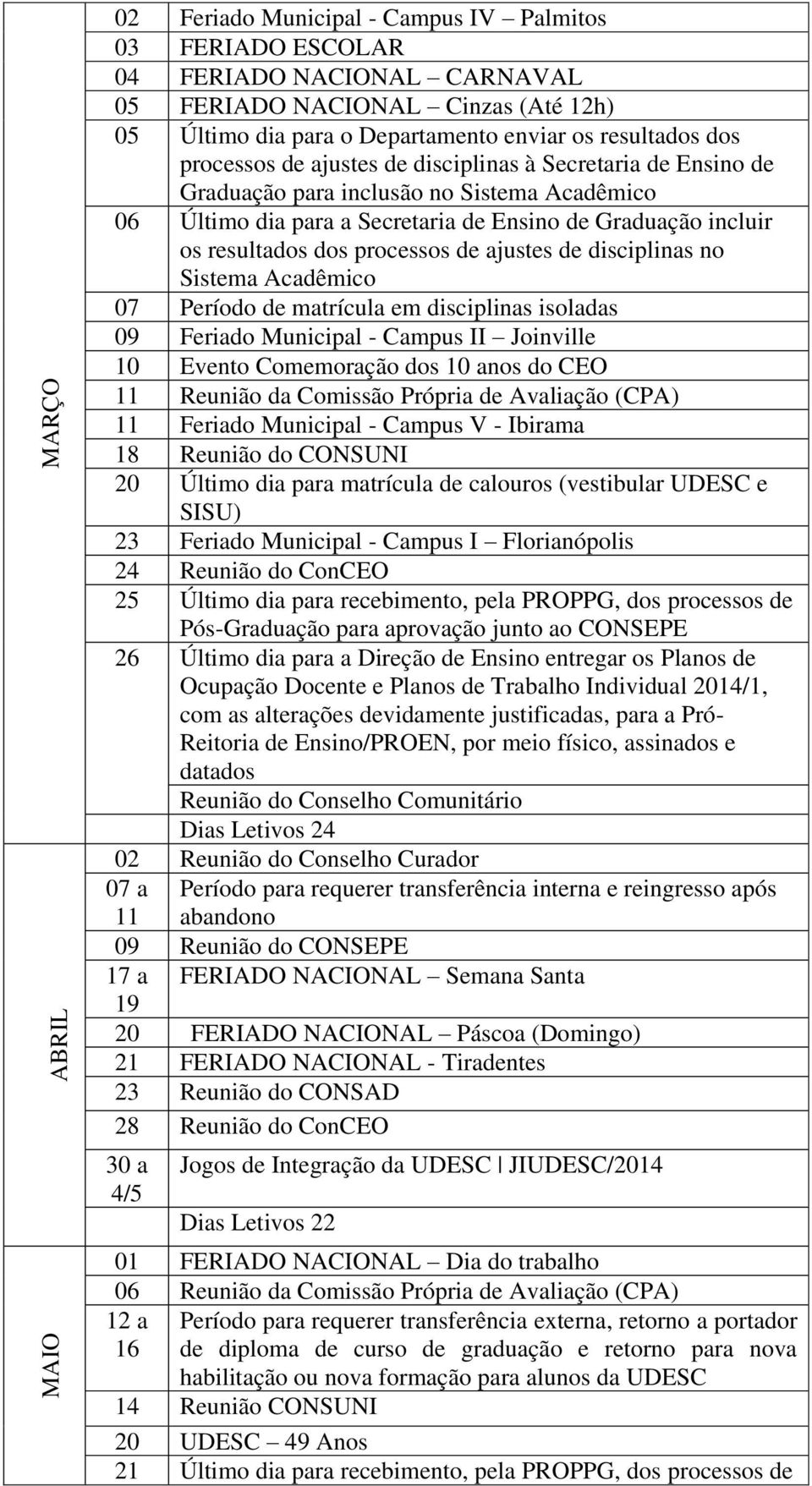 processos de ajustes de disciplinas no Sistema Acadêmico 07 Período de matrícula em disciplinas isoladas 09 Feriado Municipal - Campus II Joinville 10 Evento Comemoração dos 10 anos do CEO 11 Reunião