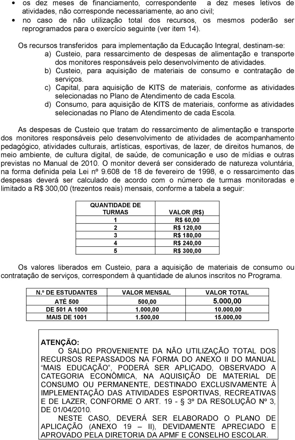 Os recursos transferidos para implementação da Educação Integral, destinam-se: a) Custeio, para ressarcimento de despesas de alimentação e transporte dos monitores responsáveis pelo desenvolvimento