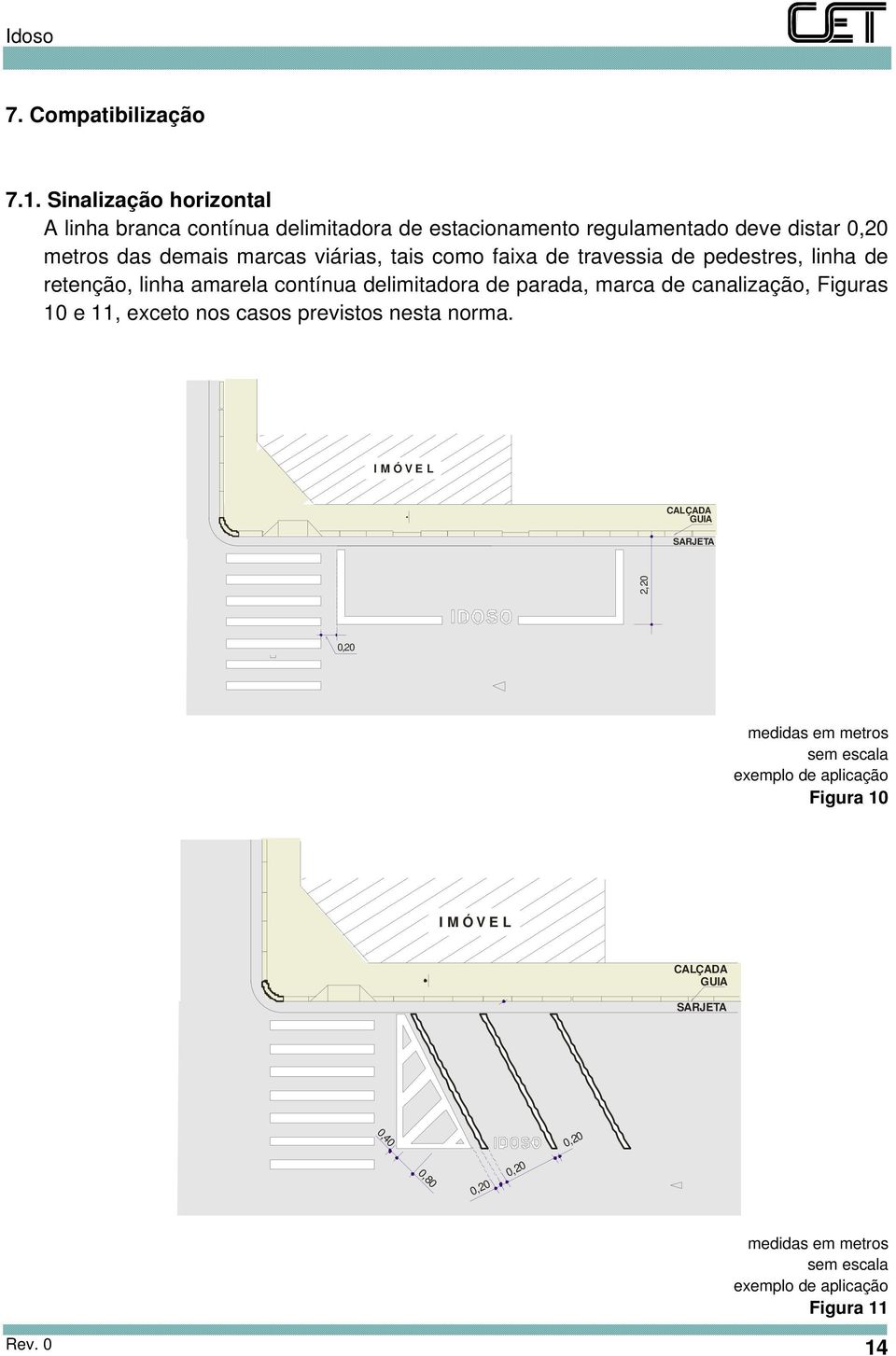 tais como faixa de travessia de pedestres, linha de retenção, linha amarela contínua delimitadora de parada, marca de canalização, Figuras 10 e