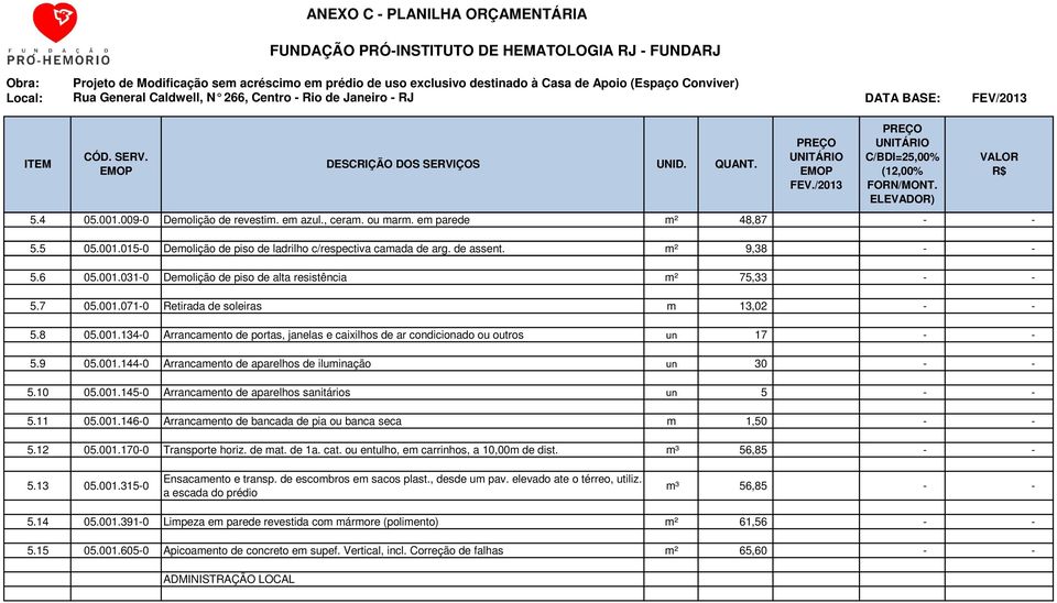 10 05.001.1450 Arrancamento de aparelhos sanitários 5 5.11 05.001.1460 Arrancamento de bancada de pia ou banca seca m 1,50 5.12 05.001.1700 Transporte horiz. de mat. de 1a. cat.