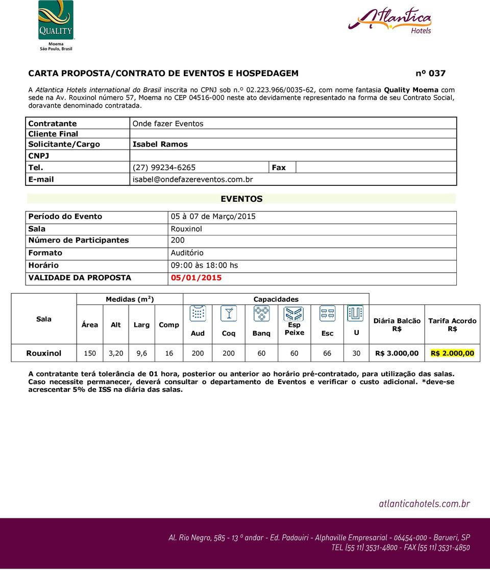 Contratante Cliente Final Solicitante/Cargo CNPJ Onde fazer Eventos Isabel Ramos Tel. (27) 99234-6265 Fax E-mail isabel@ondefazereventos.com.