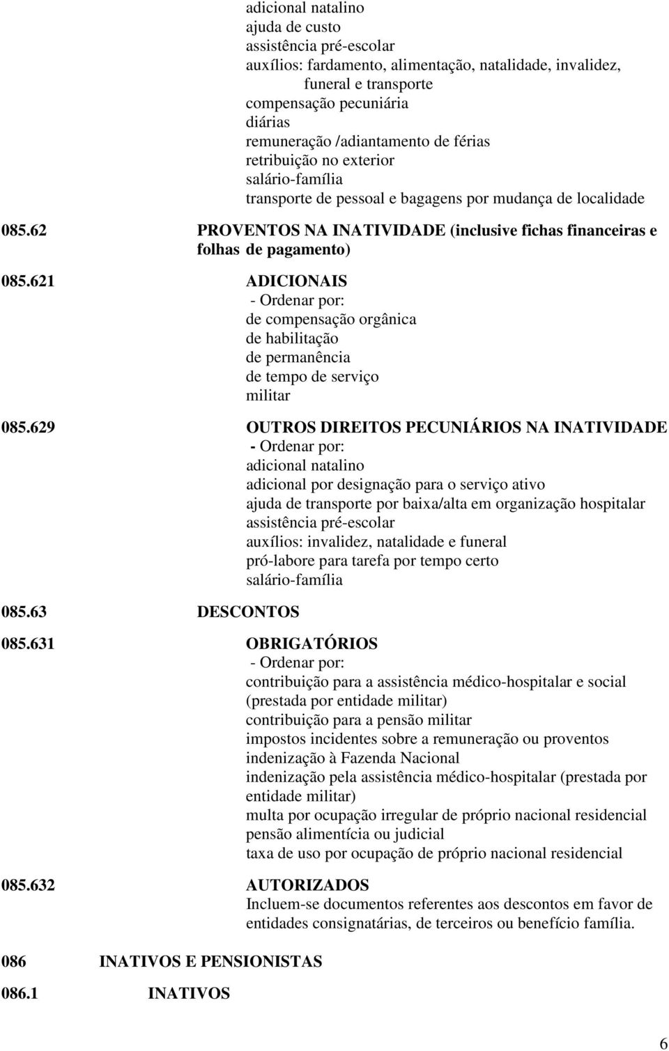 621 ADICIONAIS de compensação orgânica de habilitação de permanência de tempo de serviço militar 085.