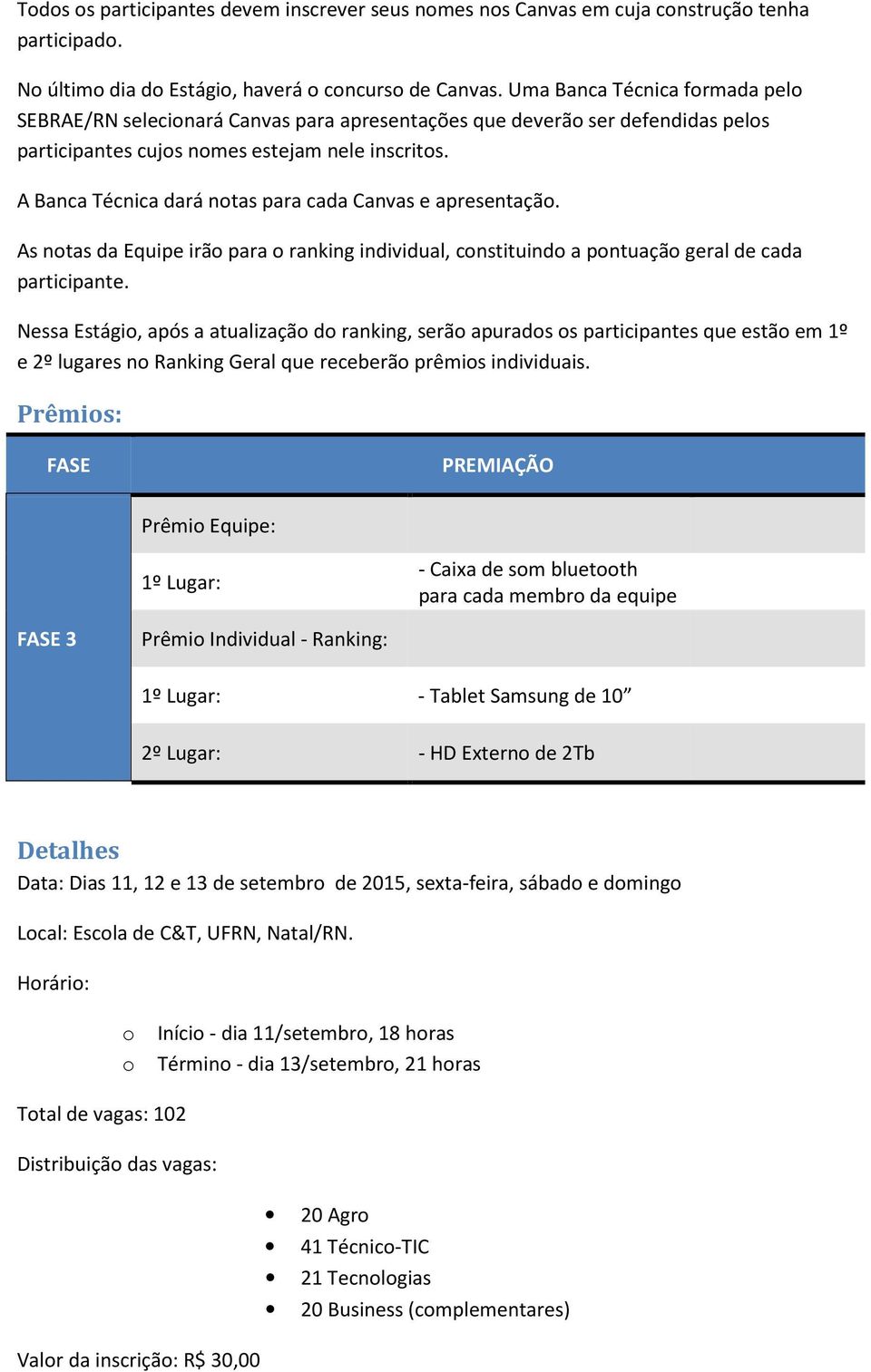 A Banca Técnica dará ntas para cada Canvas e apresentaçã. As ntas da Equipe irã para ranking individual, cnstituind a pntuaçã geral de cada participante.