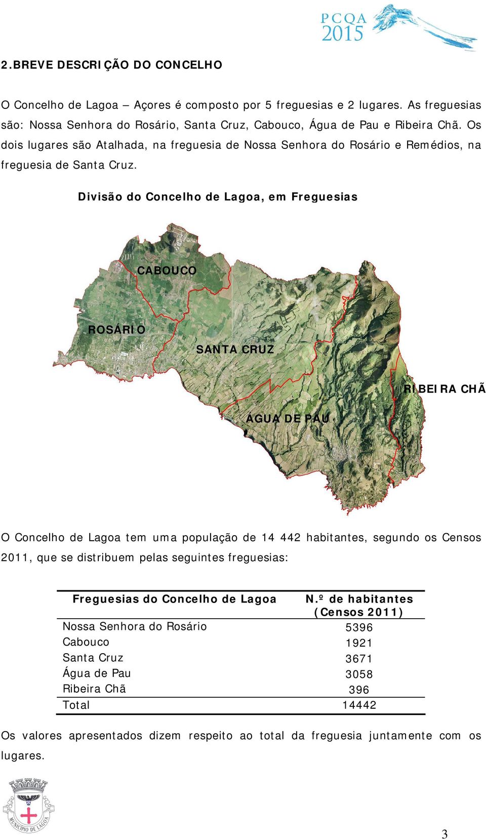 Divisão do Concelho de Lagoa, em Freguesias CABOUCO ROSÁRIO SANTA CRUZ RIBEIRA CHÃ ÁGUA DE PAU O Concelho de Lagoa tem uma população de 14 442 habitantes, segundo os Censos 2011, que se