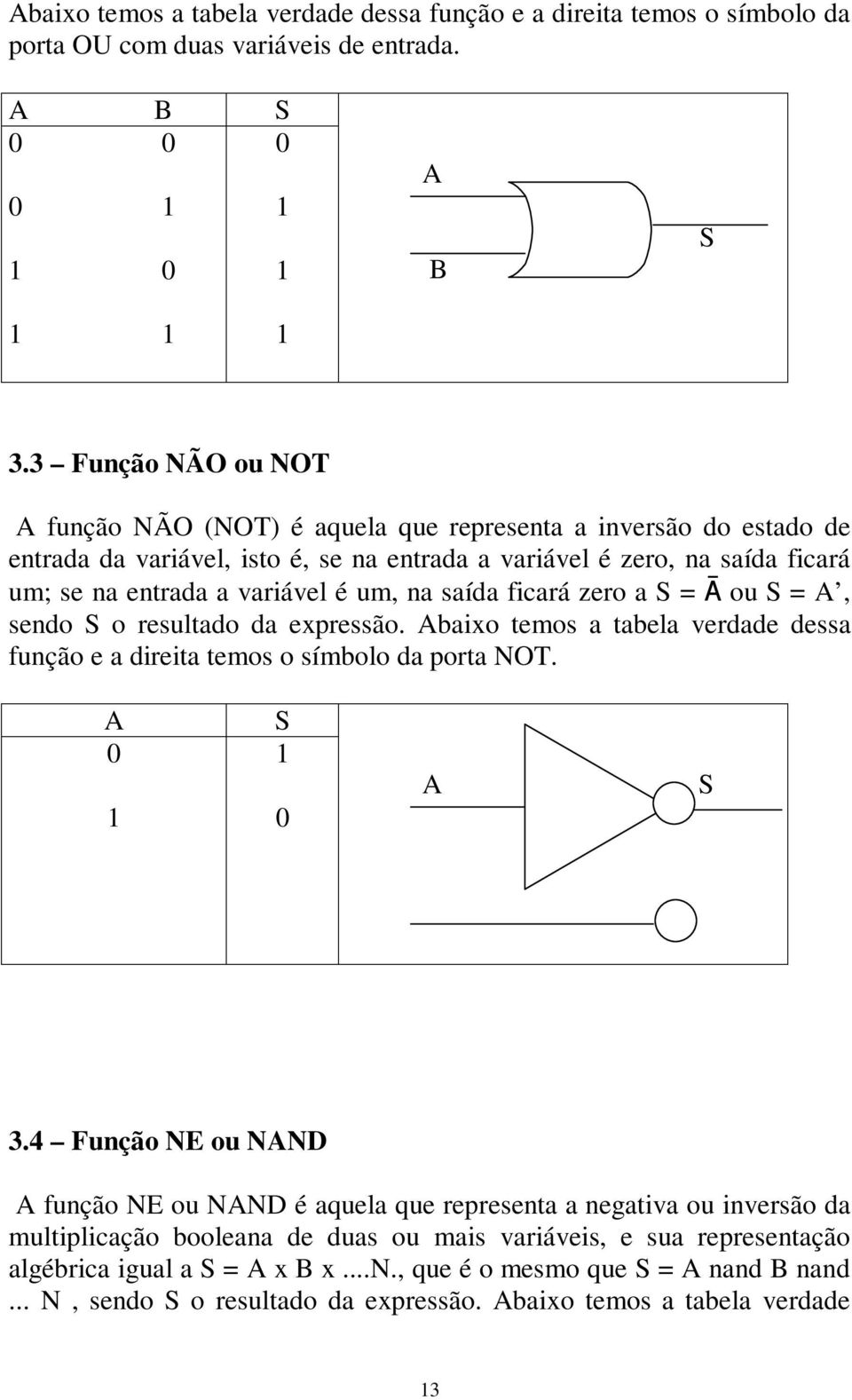 é um, na saída ficará zero a S = Ā ou S =, sendo S o resultado da expressão. baixo temos a tabela verdade dessa função e a direita temos o símbolo da porta NOT. S S 3.