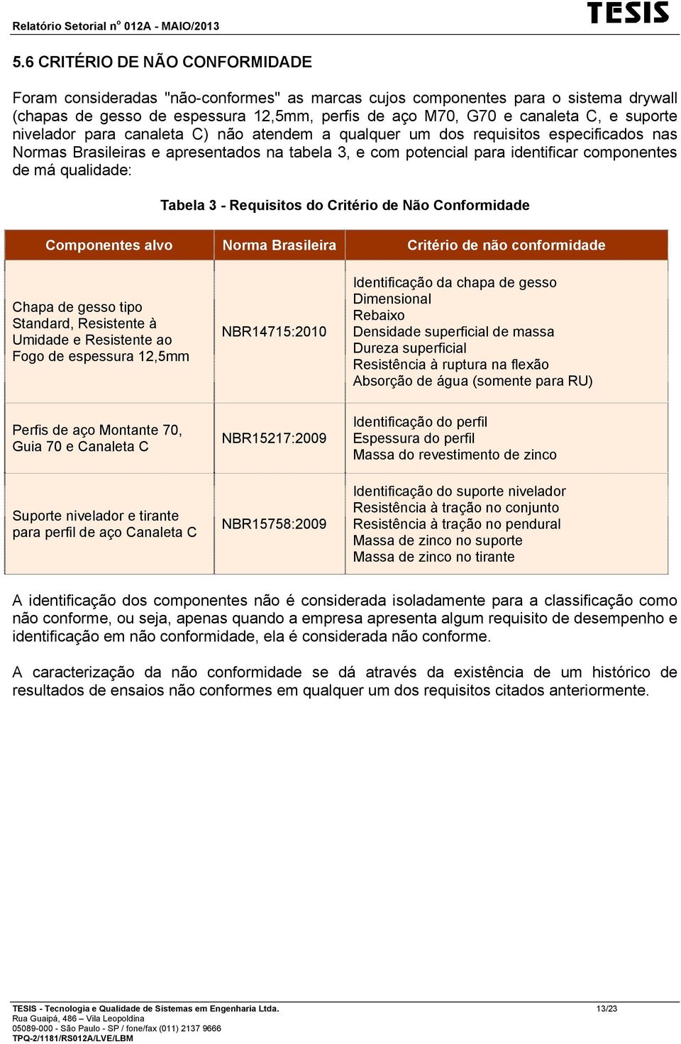 qualidade: Tabela 3 - Requisitos do Critério de Não Conformidade Componentes alvo Norma Brasileira Critério de não conformidade Chapa de gesso tipo Standard, Resistente à Umidade e Resistente ao Fogo