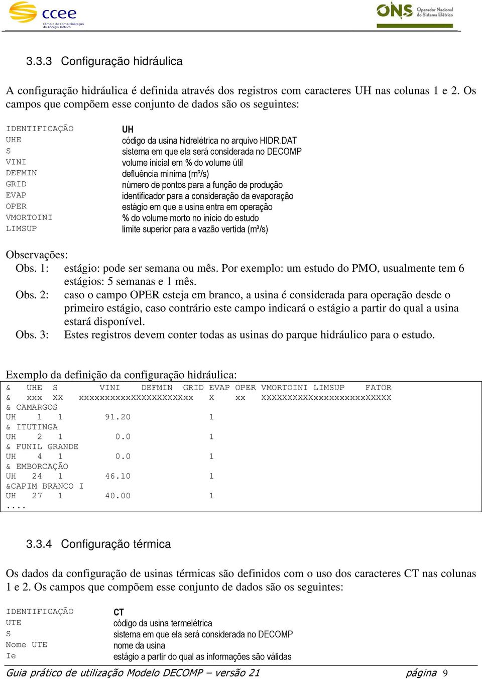 DAT sistema em que ela será considerada no DECOMP volume inicial em % do volume útil defluência mínima (m³/s) número de pontos para a função de produção identificador para a consideração da