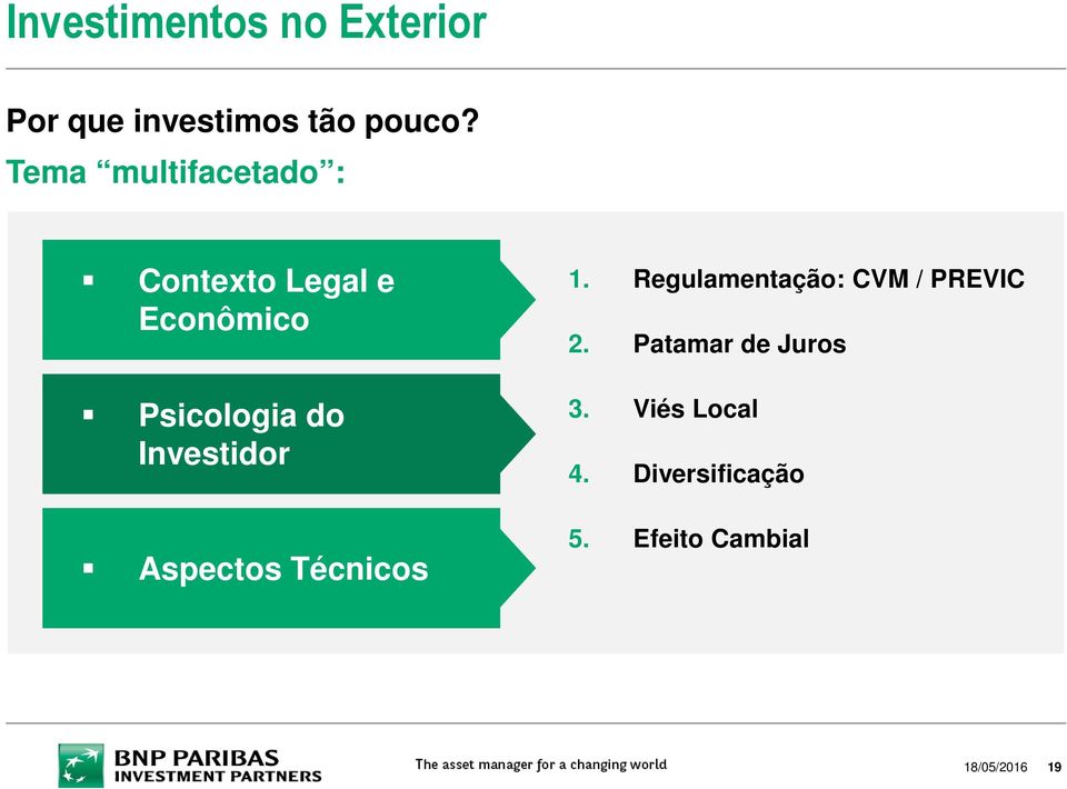 Investidor Aspectos Técnicos 1. Regulamentação: CVM / PREVIC 2.