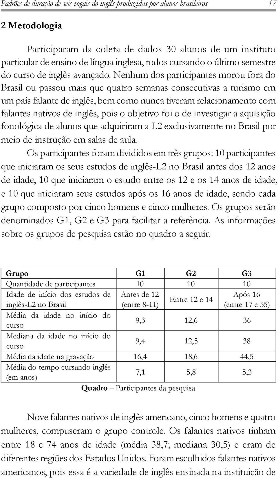 Nenhum dos participantes morou fora do Brasil ou passou mais que quatro semanas consecutivas a turismo em um país falante de inglês, bem como nunca tiveram relacionamento com falantes nativos de