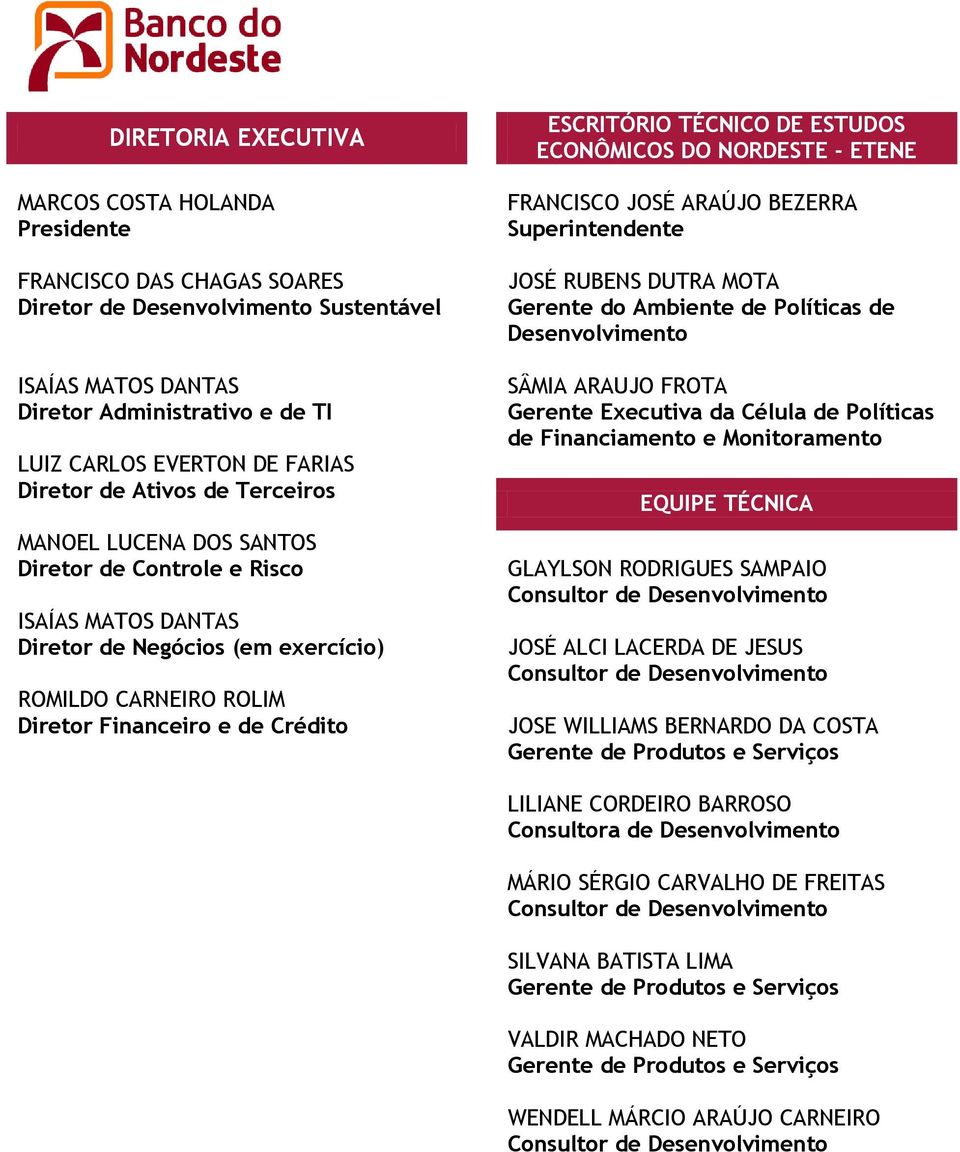 ESCRITÓRIO TÉCNICO DE ESTUDOS ECONÔMICOS DO NORDESTE - ETENE FRANCISCO JOSÉ ARAÚJO BEZERRA Superintendente JOSÉ RUBENS DUTRA MOTA Gerente do Ambiente de Políticas de Desenvolvimento SÂMIA ARAUJO