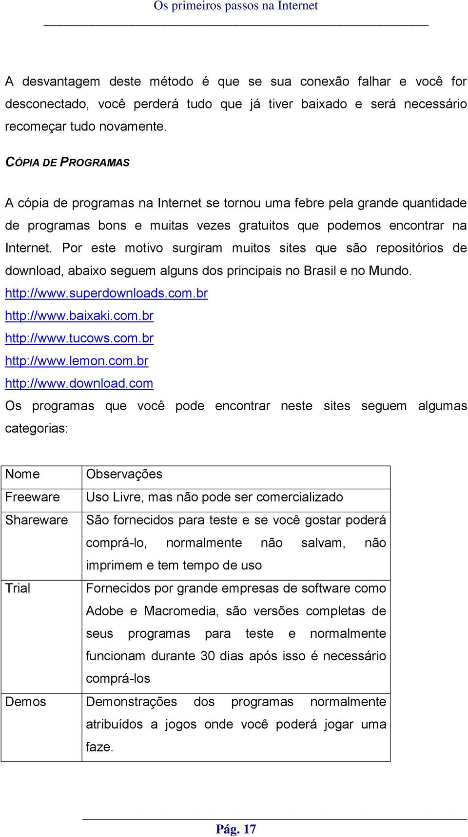 Por este motivo surgiram muitos sites que são repositórios de download, abaixo seguem alguns dos principais no Brasil e no Mundo. http://www.superdownloads.com.br http://www.baixaki.com.br http://www.tucows.
