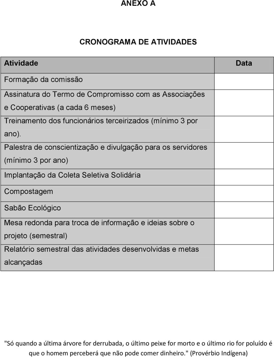 Palestra de conscientização e divulgação para os servidores (mínimo 3 por ano) Implantação da Coleta Seletiva Solidária Compostagem Sabão Ecológico Mesa redonda para