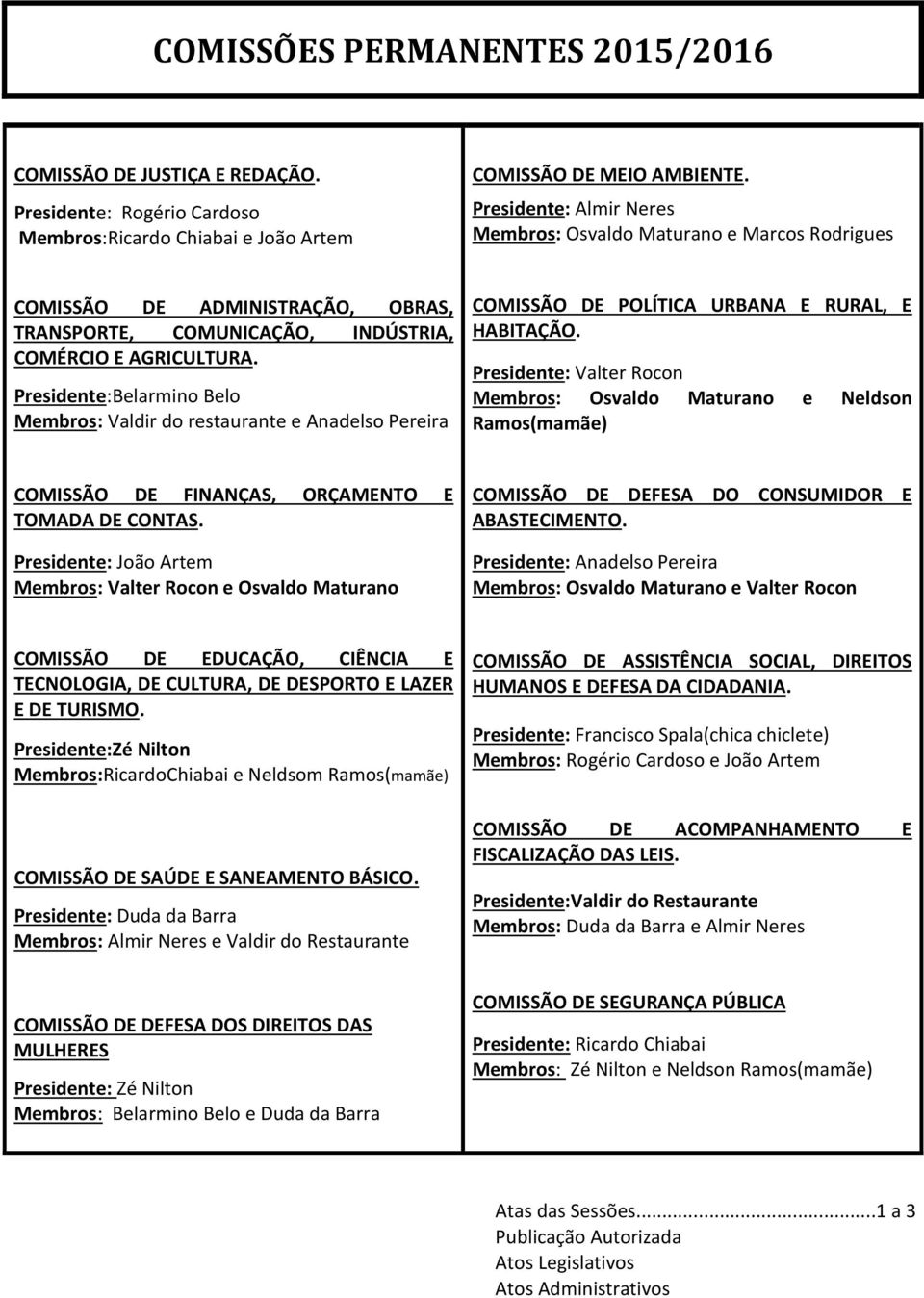 Presidente:Belarmino Belo Membros: Valdir do restaurante e Anadelso Pereira COMISSÃO DE POLÍTICA URBANA E RURAL, E HABITAÇÃO.