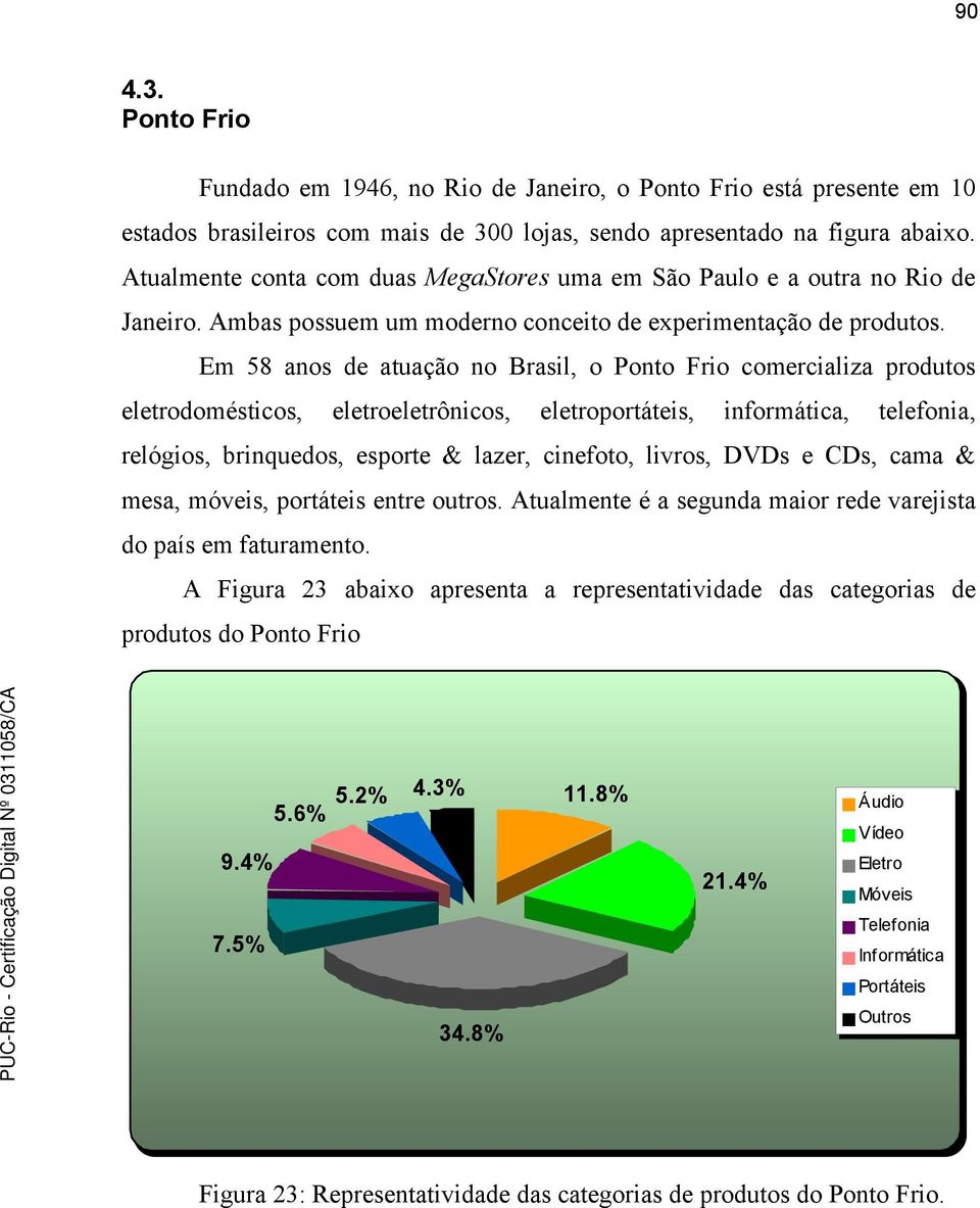 Em 58 anos de atuação no Brasil, o Ponto Frio comercializa produtos eletrodomésticos, eletroeletrônicos, eletroportáteis, informática, telefonia, relógios, brinquedos, esporte & lazer, cinefoto,