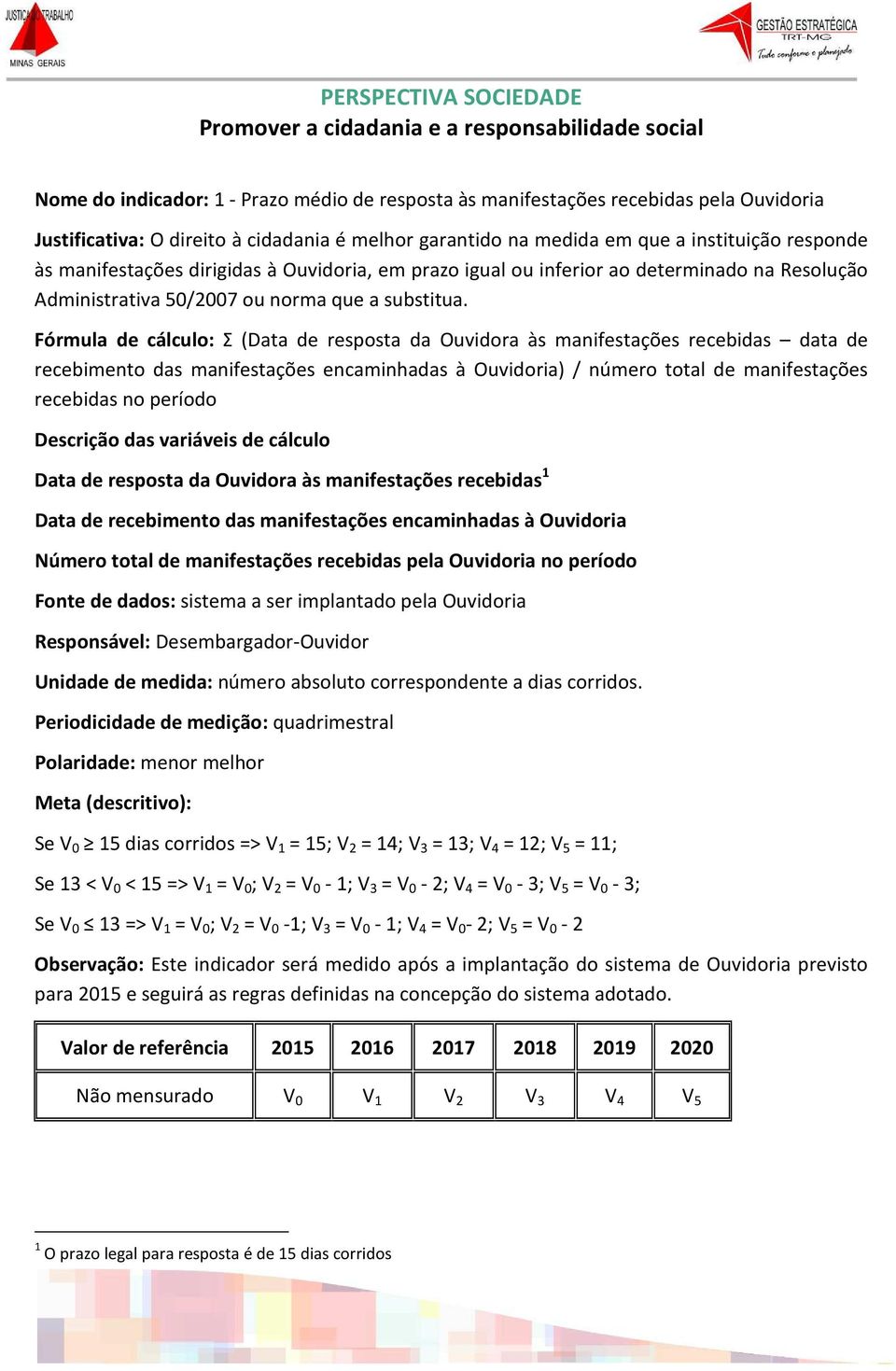 Fórmula de cálculo: Σ (Data de resposta da Ouvidora às manifestações recebidas data de recebimento das manifestações encaminhadas à Ouvidoria) / número total de manifestações recebidas no período