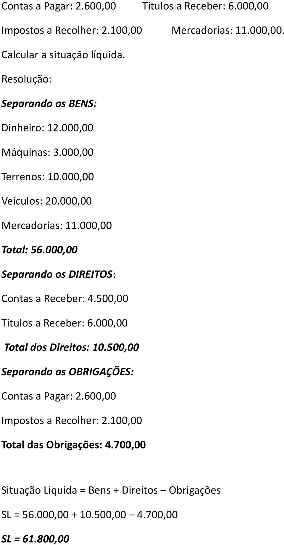 000,00 Separando os DIREITOS: Contas a Receber: 4.500,00 Títulos a Receber: 6.000,00 Total dos Direitos: 10.