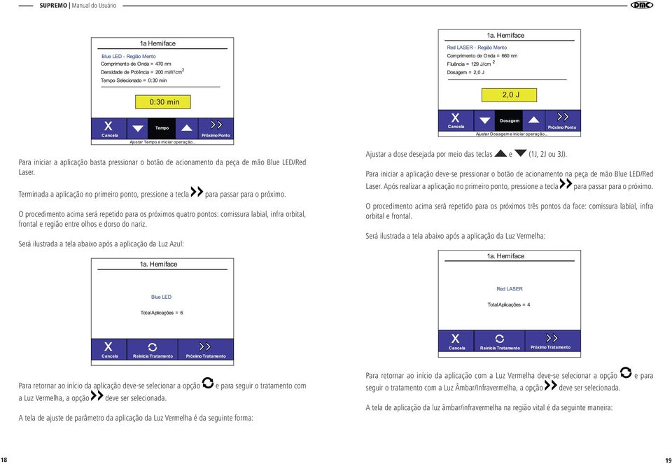 Será ilustrada a tela abaixo após a aplicação da Luz Azul: Ajustar a dose desejada por meio das teclas e (1J, 2J ou 3J).