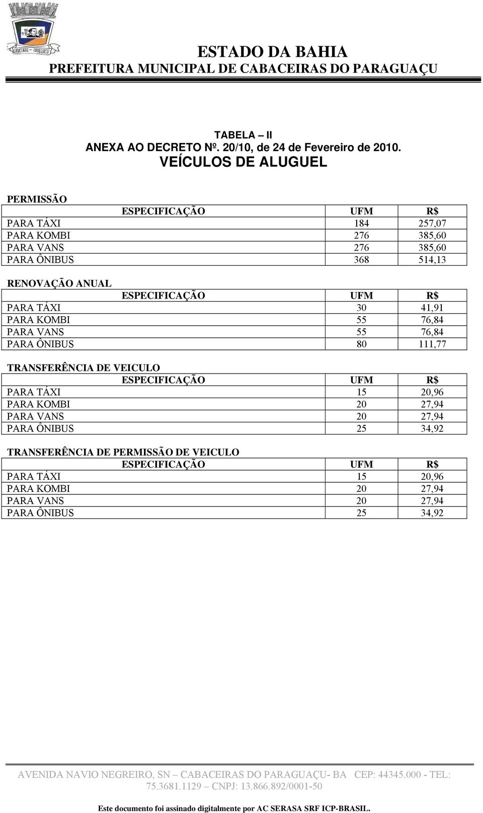 111,77 TRANSFERÊNCIA DE VEICULO PARA TÁXI 15 20,96 PARA KOMBI 20 27,94 PARA VANS 20 27,94 PARA ÔNIBUS 25 34,92