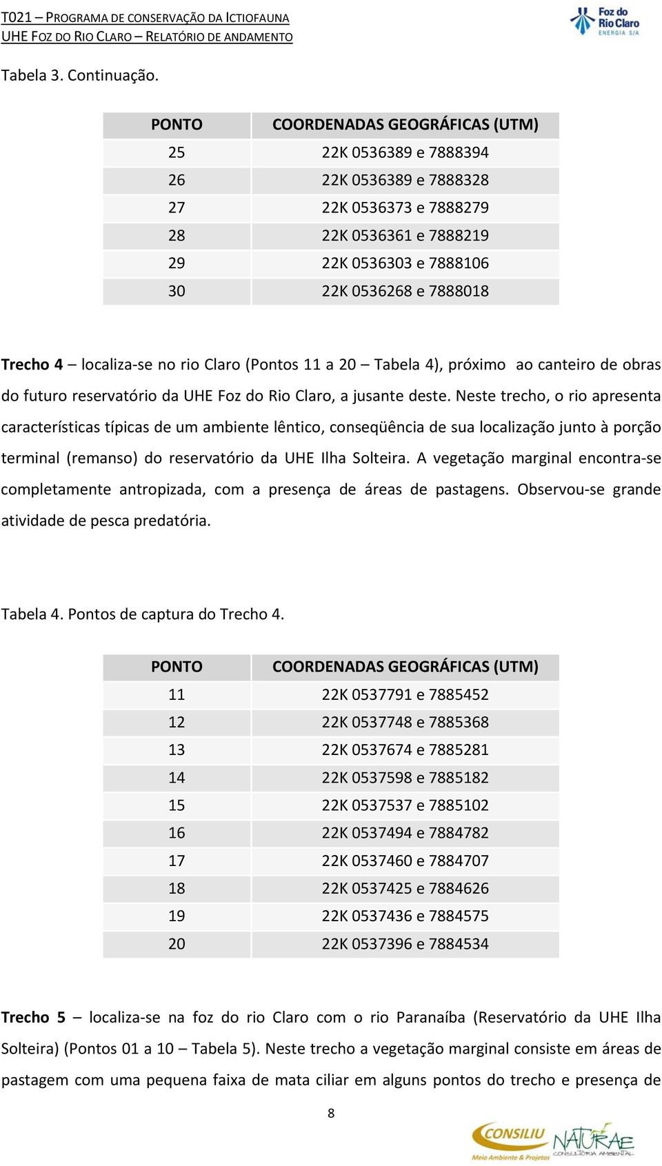 localiza se no rio Claro (Pontos 11 a 20 Tabela 4), próximo ao canteiro de obras do futuro reservatório da UHE Foz do Rio Claro, a jusante deste.