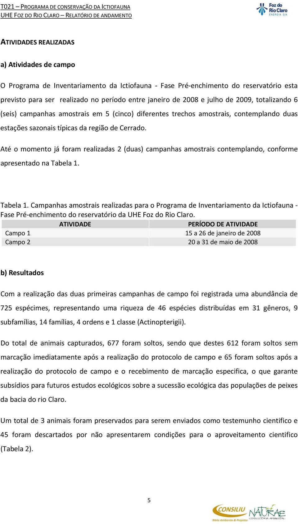 Até o momento já foram realizadas 2 (duas) campanhas amostrais contemplando, conforme apresentado na Tabela 1.