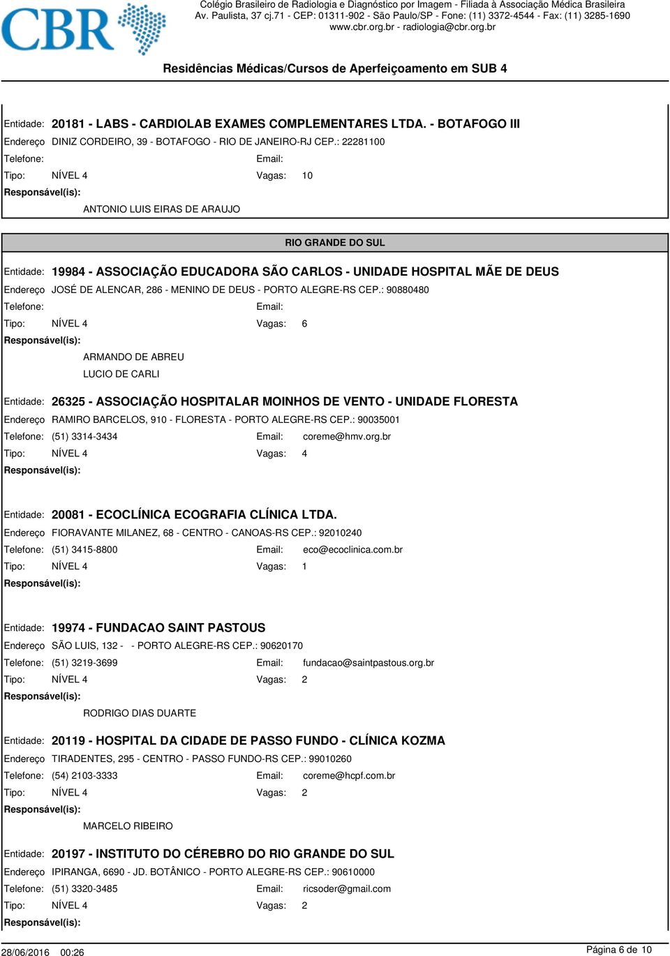 : 90880480 6 ARMANDO DE ABREU LUCIO DE CARLI 26325 - ASSOCIAÇÃO HOSPITALAR MOINHOS DE VENTO - UNIDADE FLORESTA RAMIRO BARCELOS, 910 - FLORESTA - PORTO ALEGRE-RS CEP.