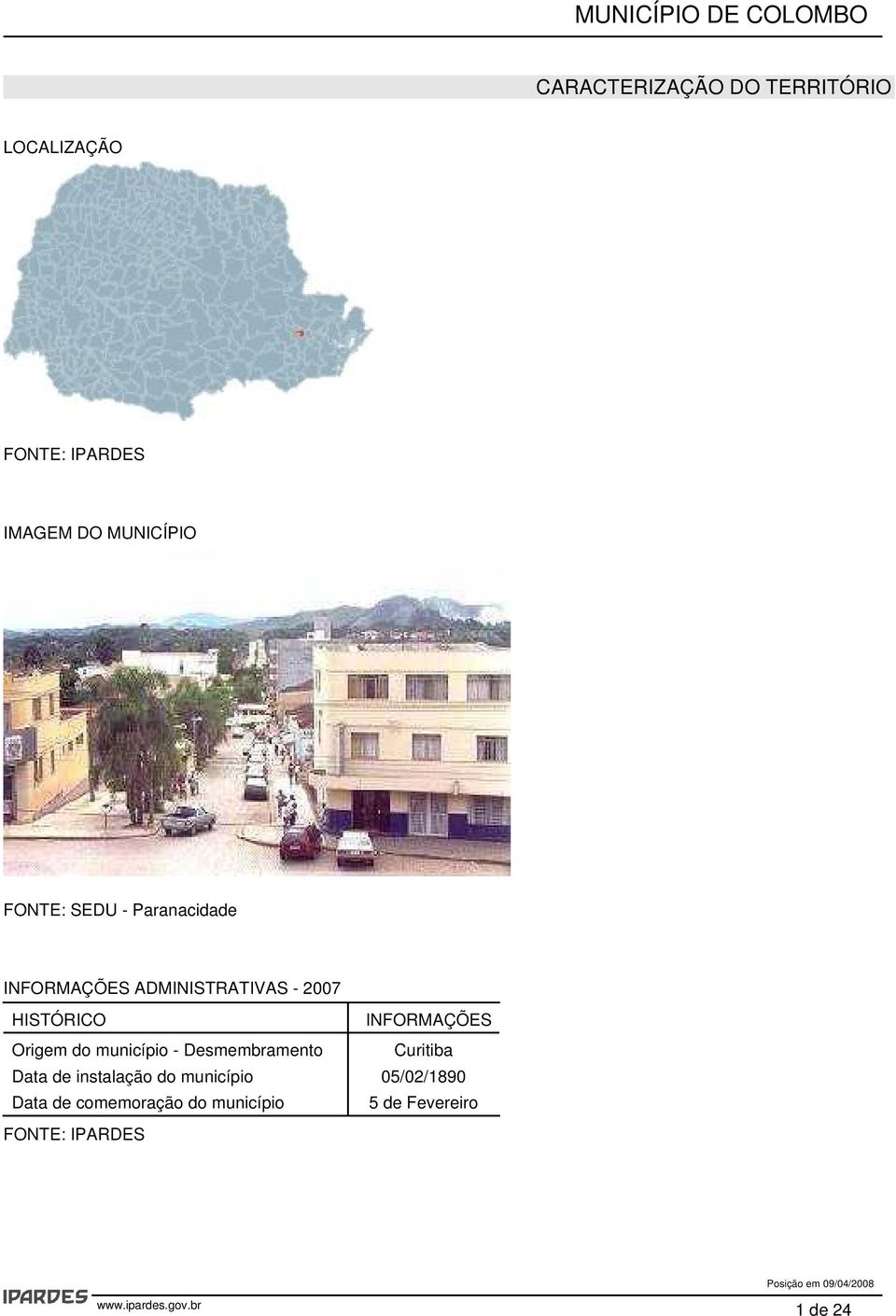 INFORMAÇÕES Origem do município - Desmembramento Curitiba Data de instalação do