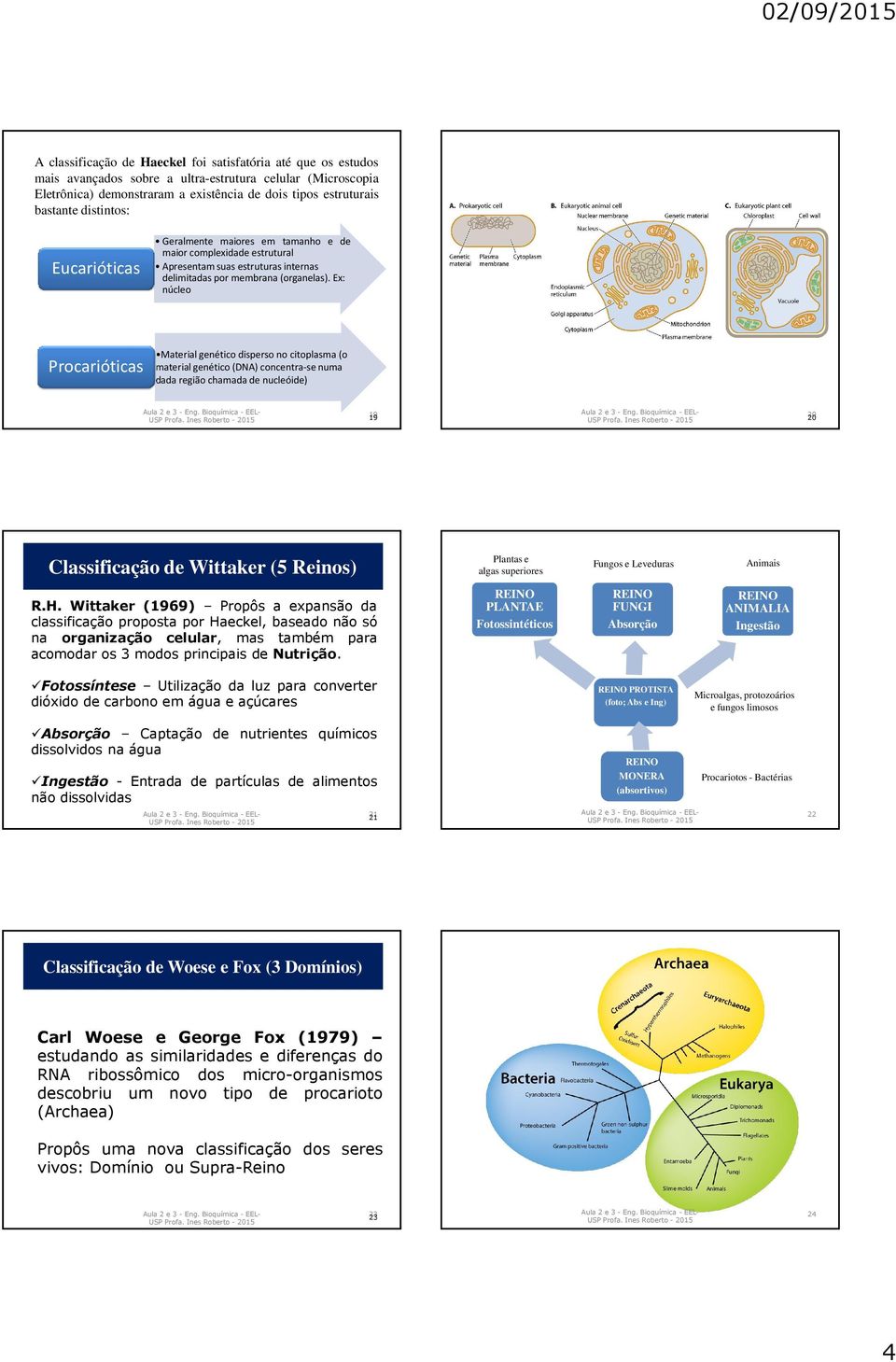 Ex: núcleo Procarióticas Material genético disperso no citoplasma (o material genético (DNA) concentra-se numa dada região chamada de nucleóide) 19 19 20 20 Classificação de Wittaker (5 Reinos)