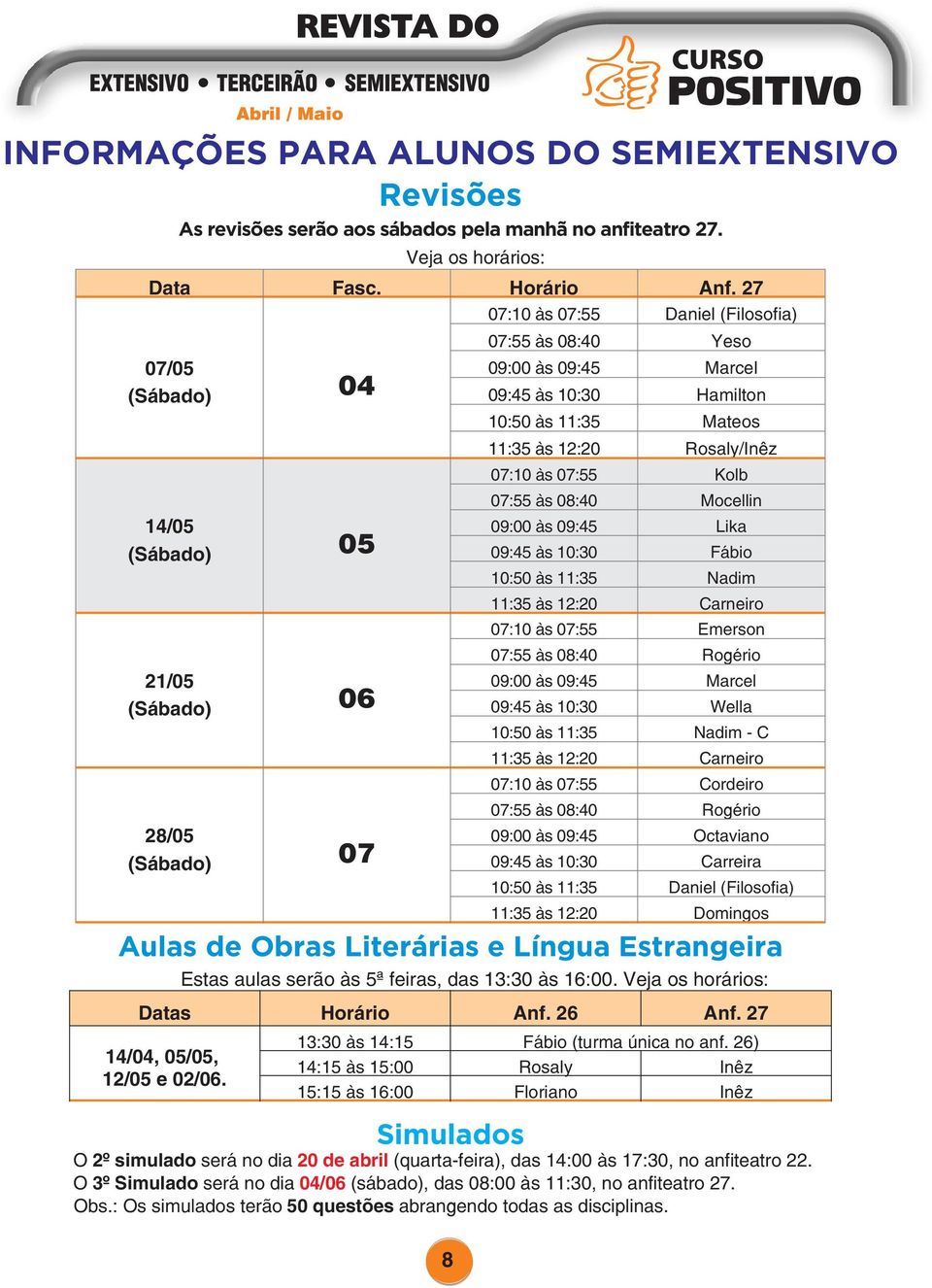 Mocellin 14/05 09:00 às 09:45 Lika 05 09:45 às 10:30 Fábio 10:50 às 11:35 Nadim 11:35 às 12:20 Carneiro 07:10 às 07:55 Emerson 07:55 às 08:40 Rogério 21/05 09:00 às 09:45 Marcel 06 09:45 às 10:30