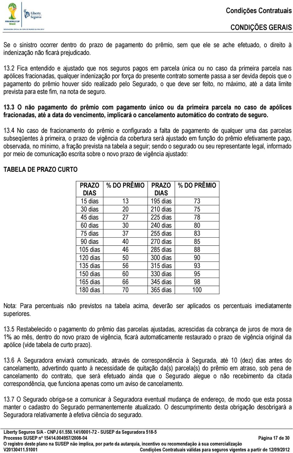 devida depois que o pagamento do prêmio houver sido realizado pelo Segurado, o que deve ser feito, no máximo, até a data limite prevista para este fim, na nota de seguro. 13.