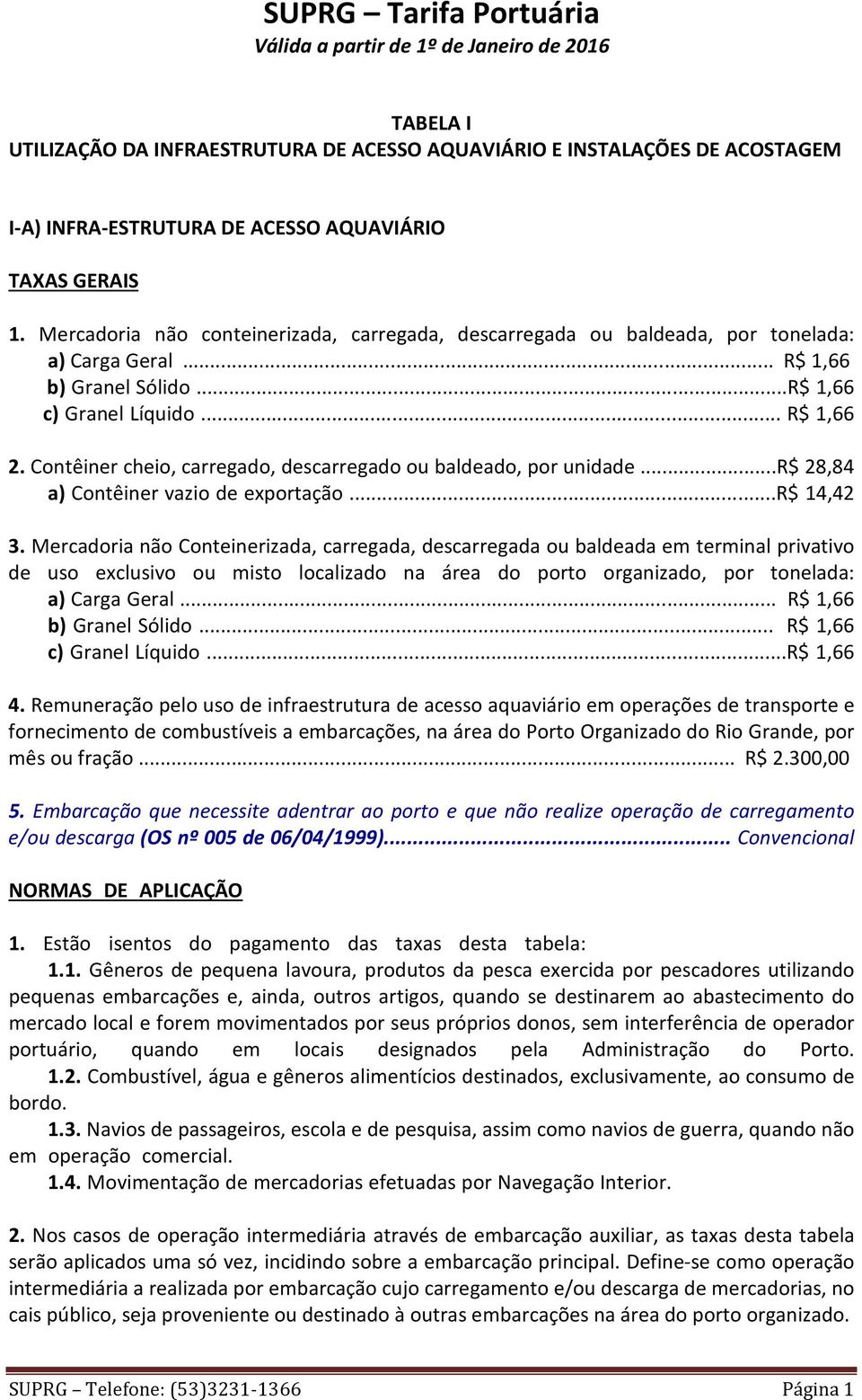 exportação R$ 14,42 3 Mercadoria não Conteinerizada, carregada, descarregada ou baldeada em terminal privativo de uso exclusivo ou misto localizado na área do porto organizado, por tonelada: a) Carga