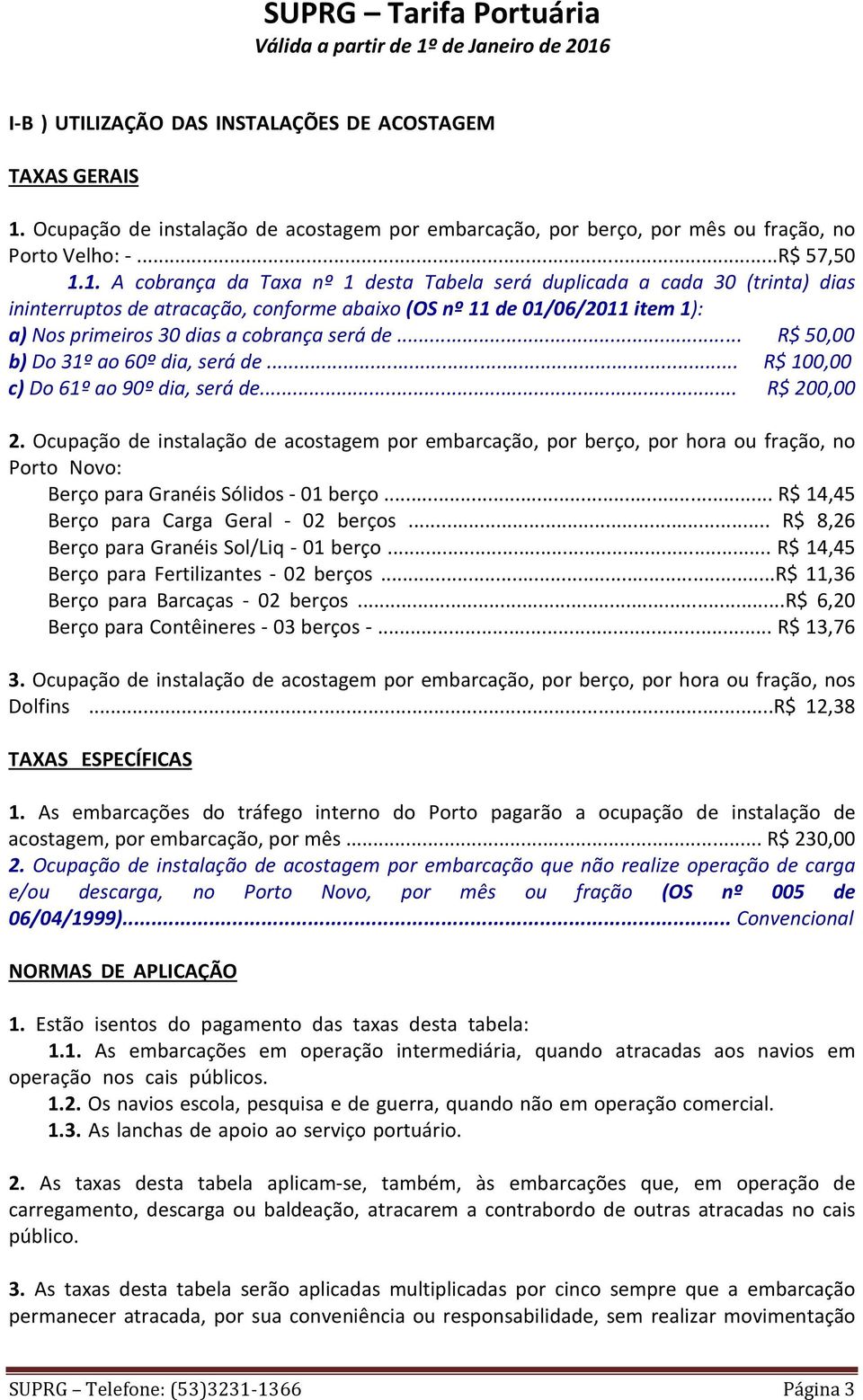 dia, será de R$ 100,00 c) Do 61º ao 90º dia, será de R$ 200,00 2 Ocupação de instalação de acostagem por embarcação, por berço, por hora ou fração, no Porto Novo: Berço para Granéis Sólidos - 01