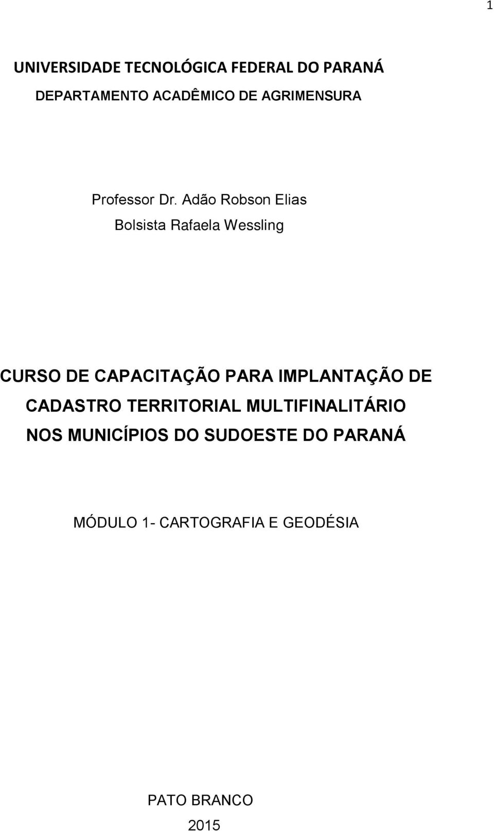 Adão Robson Elias Bolsista Rafaela Wessling CURSO DE CAPACITAÇÃO PARA