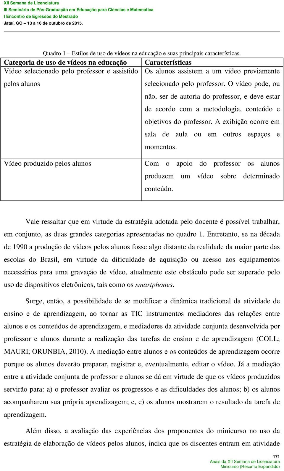 O vídeo pode, ou não, ser de autoria do professor, e deve estar de acordo com a metodologia, conteúdo e objetivos do professor. A exibição ocorre em sala de aula ou em outros espaços e momentos.