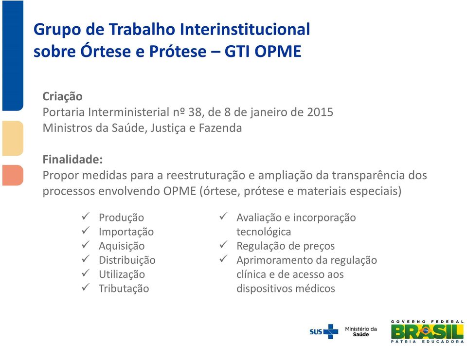 processos envolvendo OPME (órtese, prótese e materiais especiais) Produção Importação Aquisição Distribuição Utilização