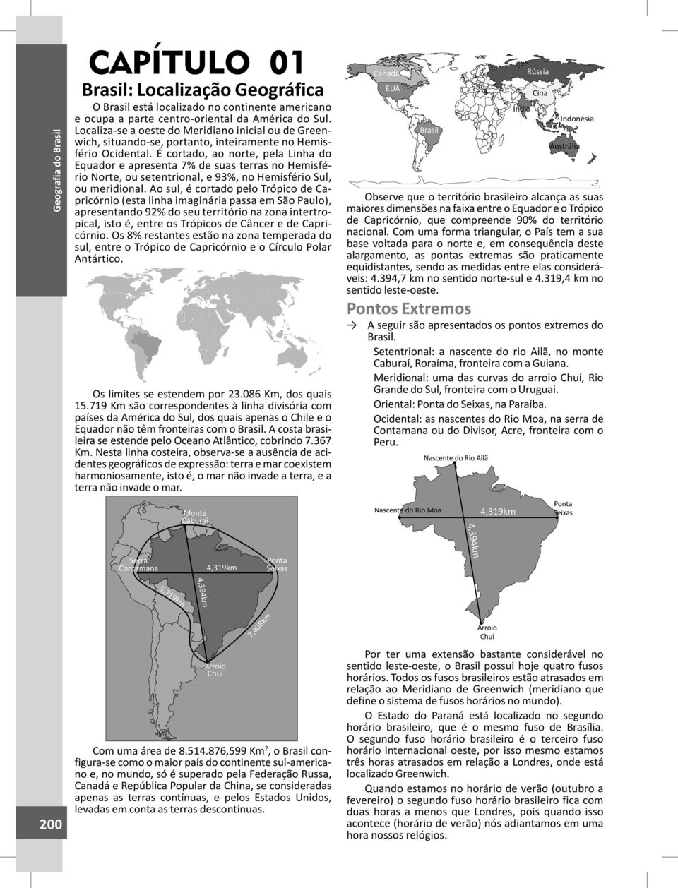 É cortado, ao norte, pela Linha do Equador e apresenta 7% de suas terras no Hemisfério Norte, ou setentrional, e 93%, no Hemisfério Sul, ou meridional.