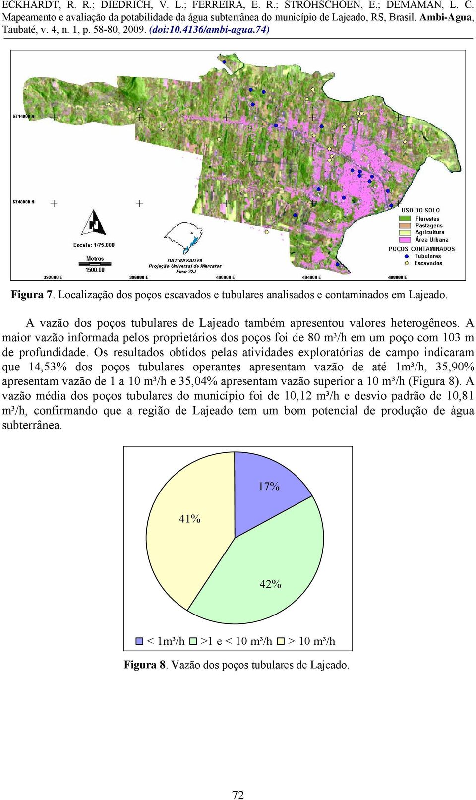 Os resultados obtidos pelas atividades exploratórias de campo indicaram que 14,53% dos poços tubulares operantes apresentam vazão de até 1m³/h, 35,90% apresentam vazão de 1 a 10 m³/h e 35,04%