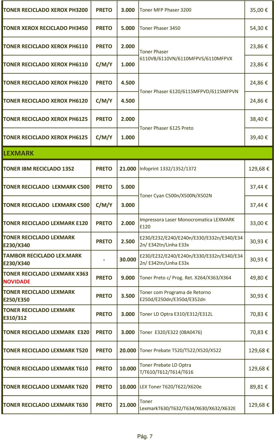 500 24,86 Toner Phaser 6120/6115MFPVD/6115MFPVN TONER RECICLADO XEROX PH6120 C/M/Y 4.500 24,86 TONER RECICLADO XEROX PH6125 PRETO 2.