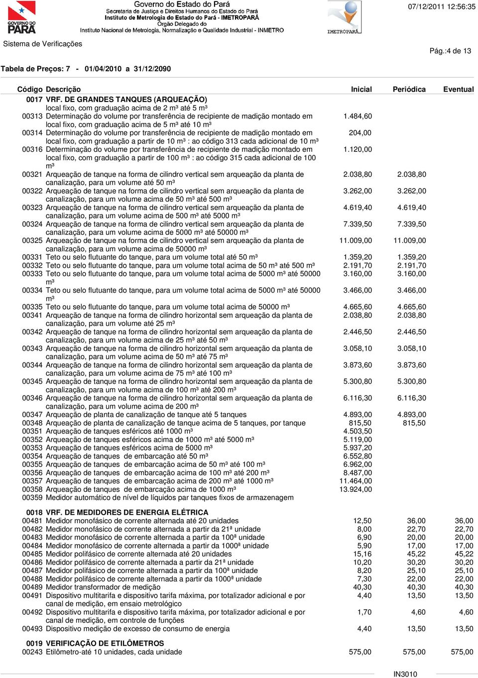 código 313 cada adicional de 10 m³ 00316 Determinação do volume por transferência de recipiente de madição montado em 1.