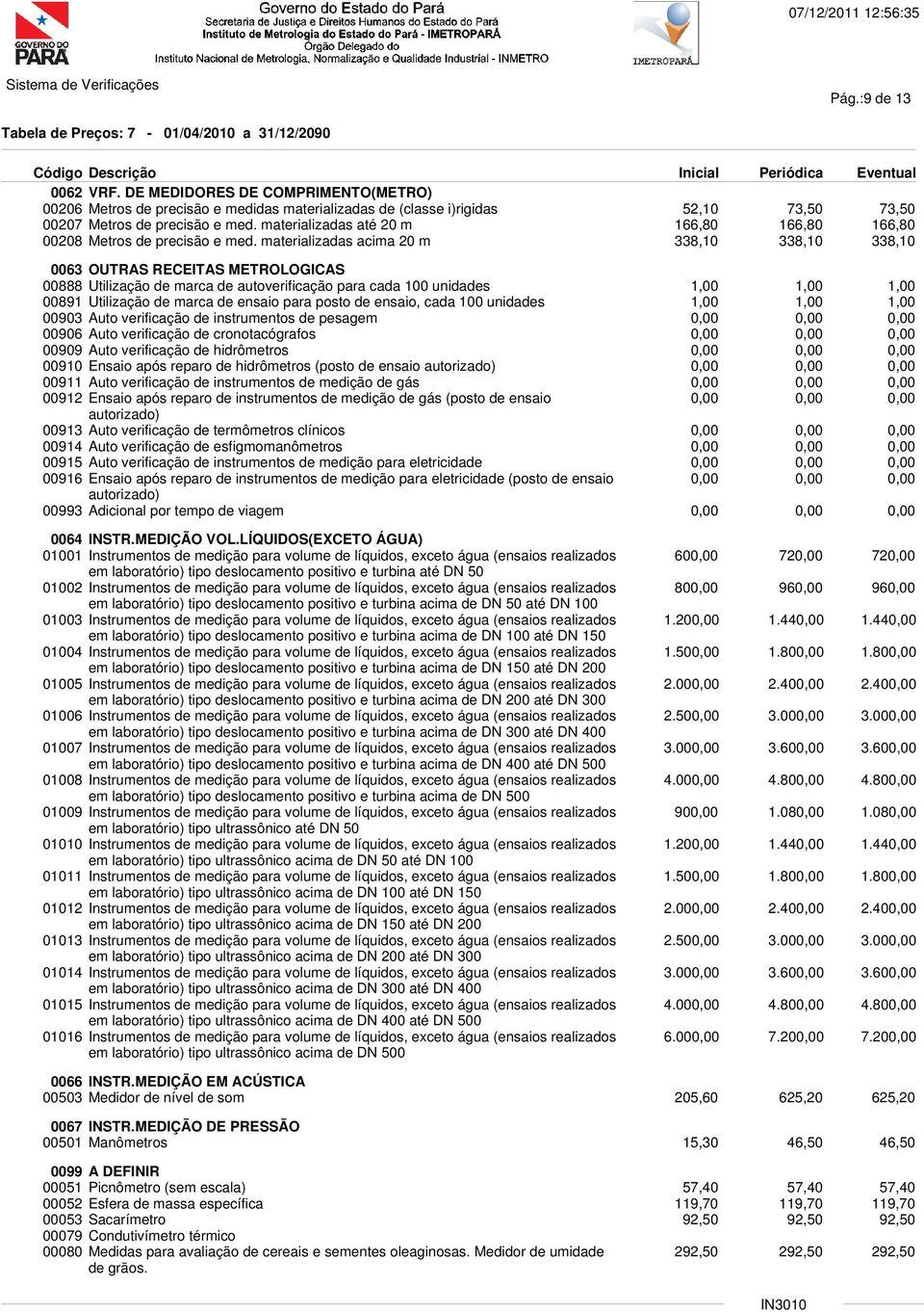 materializadas acima 20 m 338,10 338,10 338,10 0063 OUTRAS RECEITAS METROLOGICAS 00888 Utilização de marca de autoverificação para cada 100 unidades 00891 Utilização de marca de ensaio para posto de