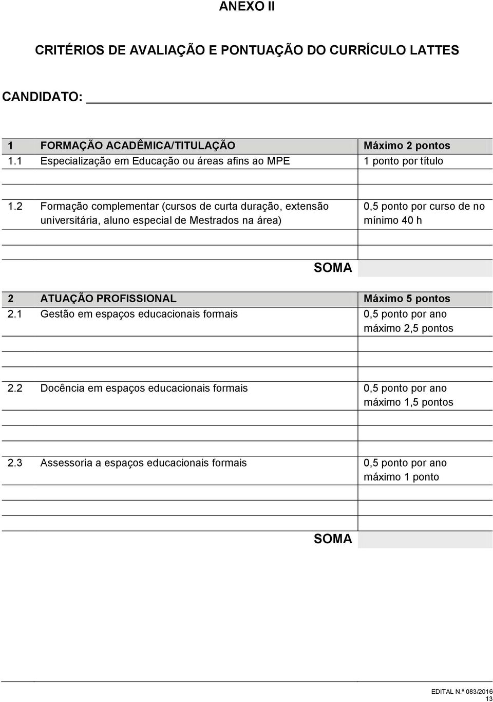 2 Formação complementar (cursos de curta duração, extensão universitária, aluno especial de Mestrados na área) 0,5 ponto por curso de no mínimo 40 h SOMA 2