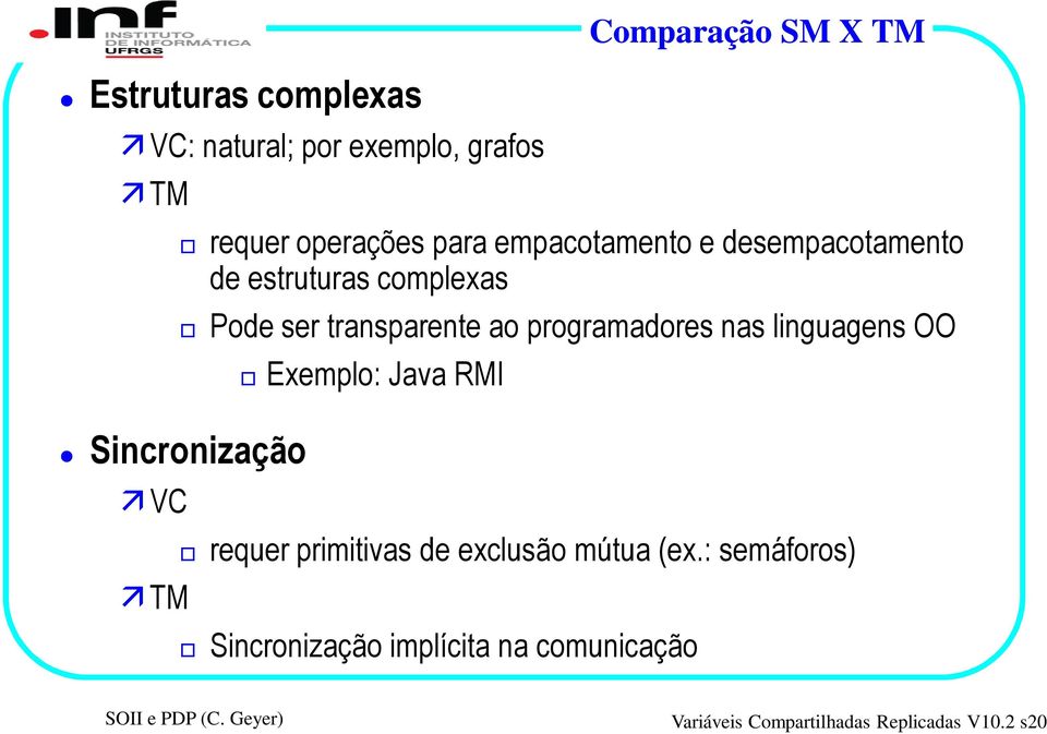 programadores nas linguagens OO Exemplo: Java RMI Sincronização VC TM requer primitivas de