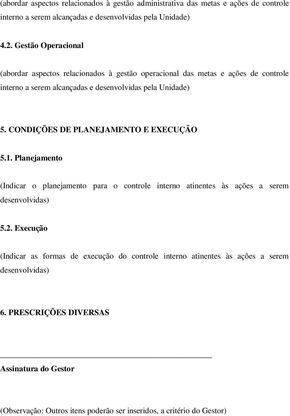 CONDIÇÕES DE PLANEJAMENTO E EXECUÇÃO 5.1. Planejamento (Indicar o planejamento para o controle interno atinentes às ações a serem desenvolvidas) 5.2.