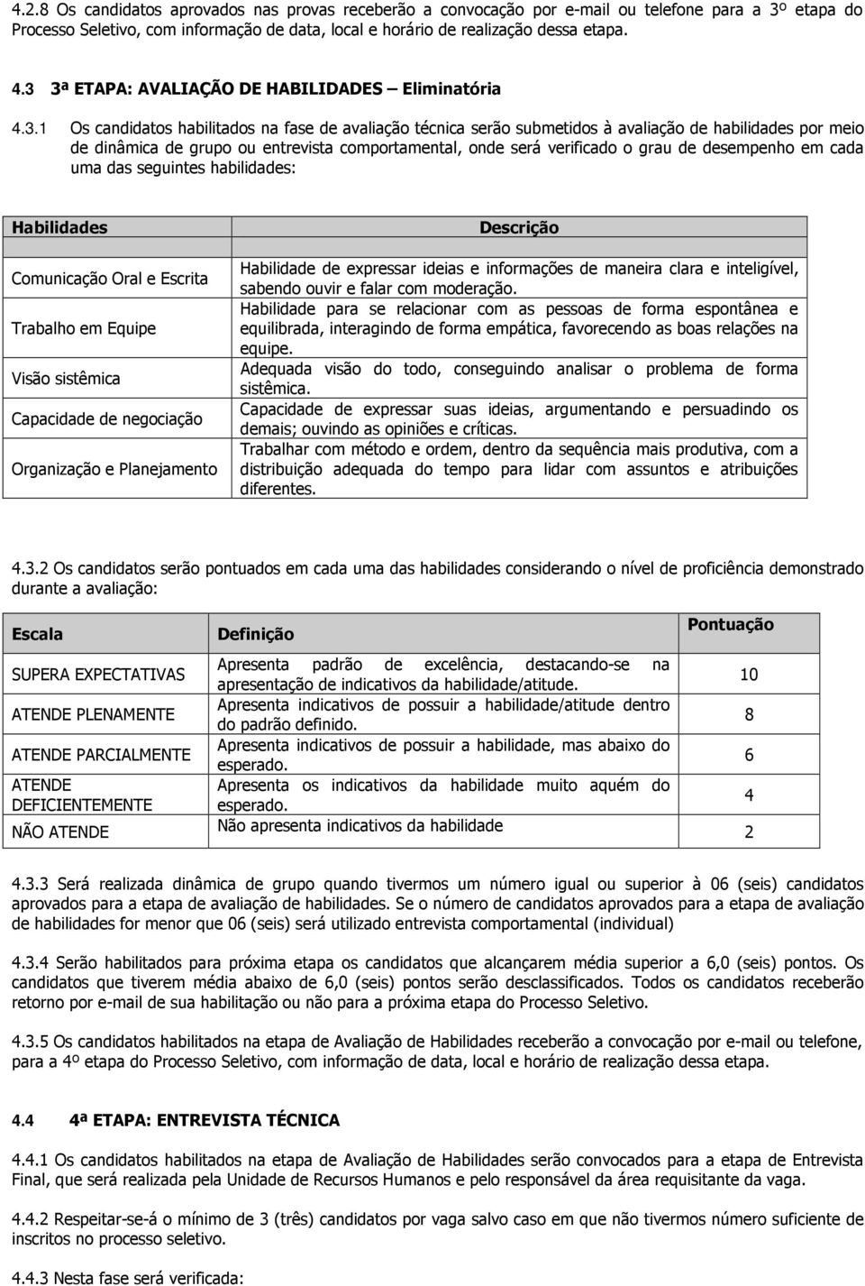 comportamental, onde será verificado o grau de desempenho em cada uma das seguintes habilidades: Habilidades Comunicação Oral e Escrita Trabalho em Equipe Visão sistêmica Capacidade de negociação